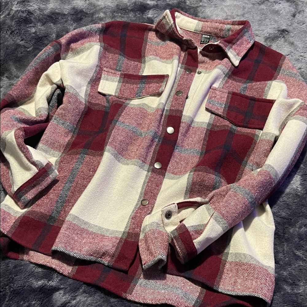 SHEIN Red and White Plaid Button Jacket